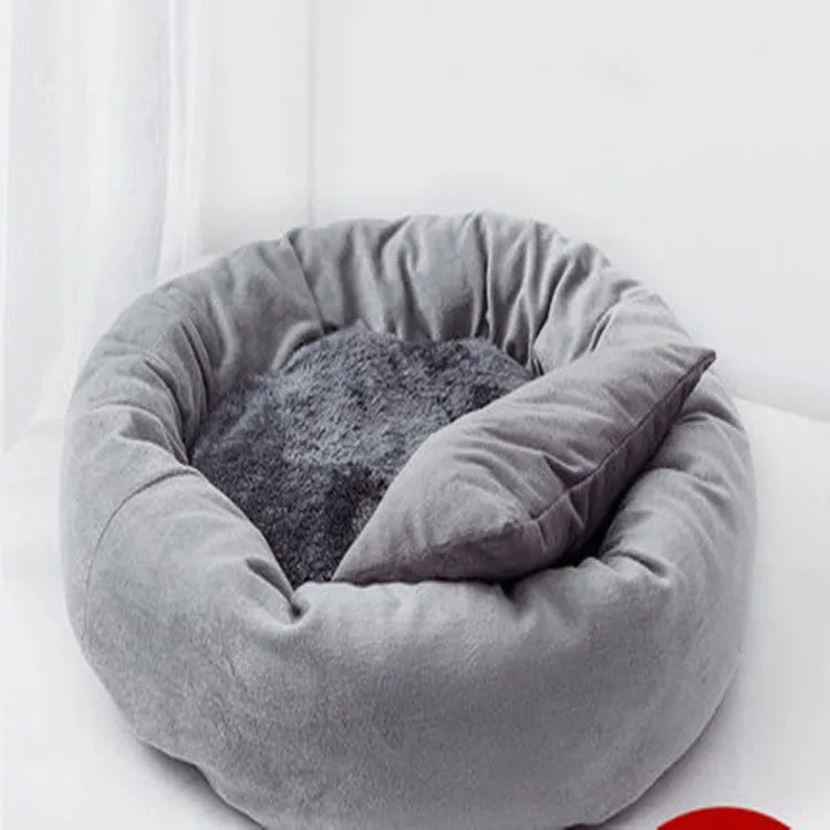 PP cotton filled dog bed in light grey with optional pillow, showing soft texture and round shape
