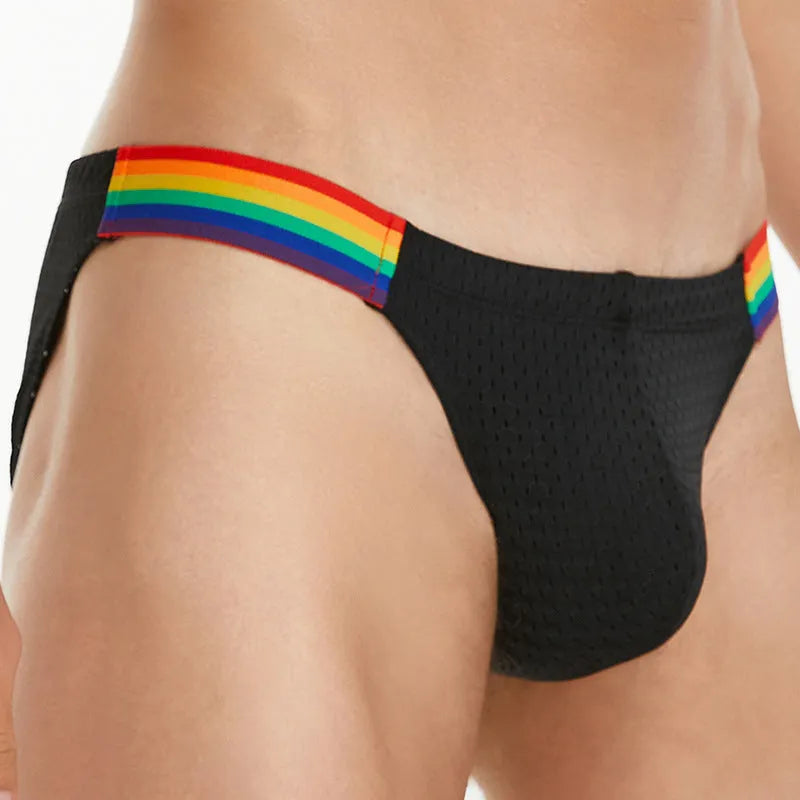 Men's low waist briefs with rainbow waistband and nylon mesh fabric