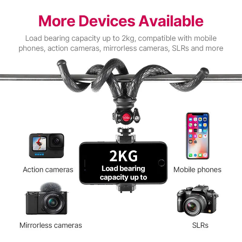 Black flexible octopus tripod with phone clip, extended to 360mm length.