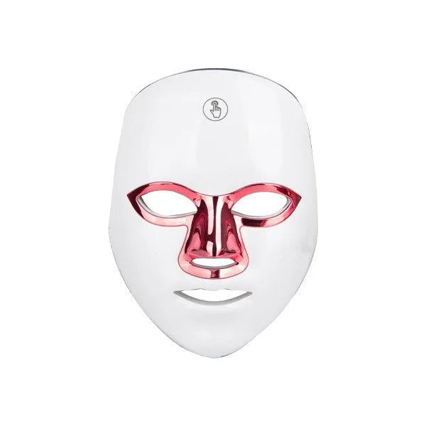 Rechargeable LED beauty mask with touch controls in white and black colour options on a table.