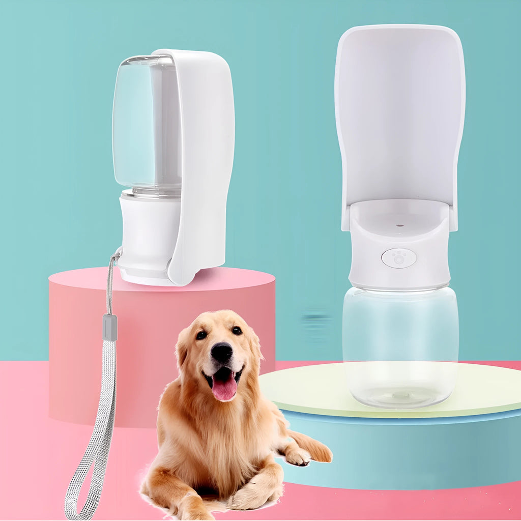 Blue foldable plastic dog water bottle and drinking bowl dispenser shown unfolded.