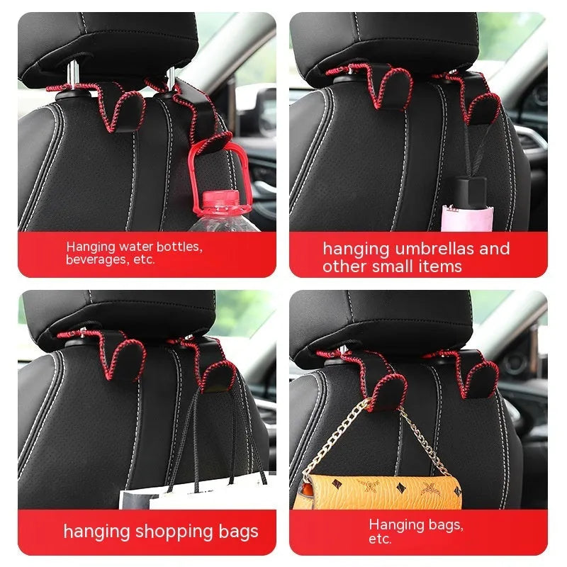 Stainless steel car seat back hook with gold finish and leather strap for vehicle interior organisation