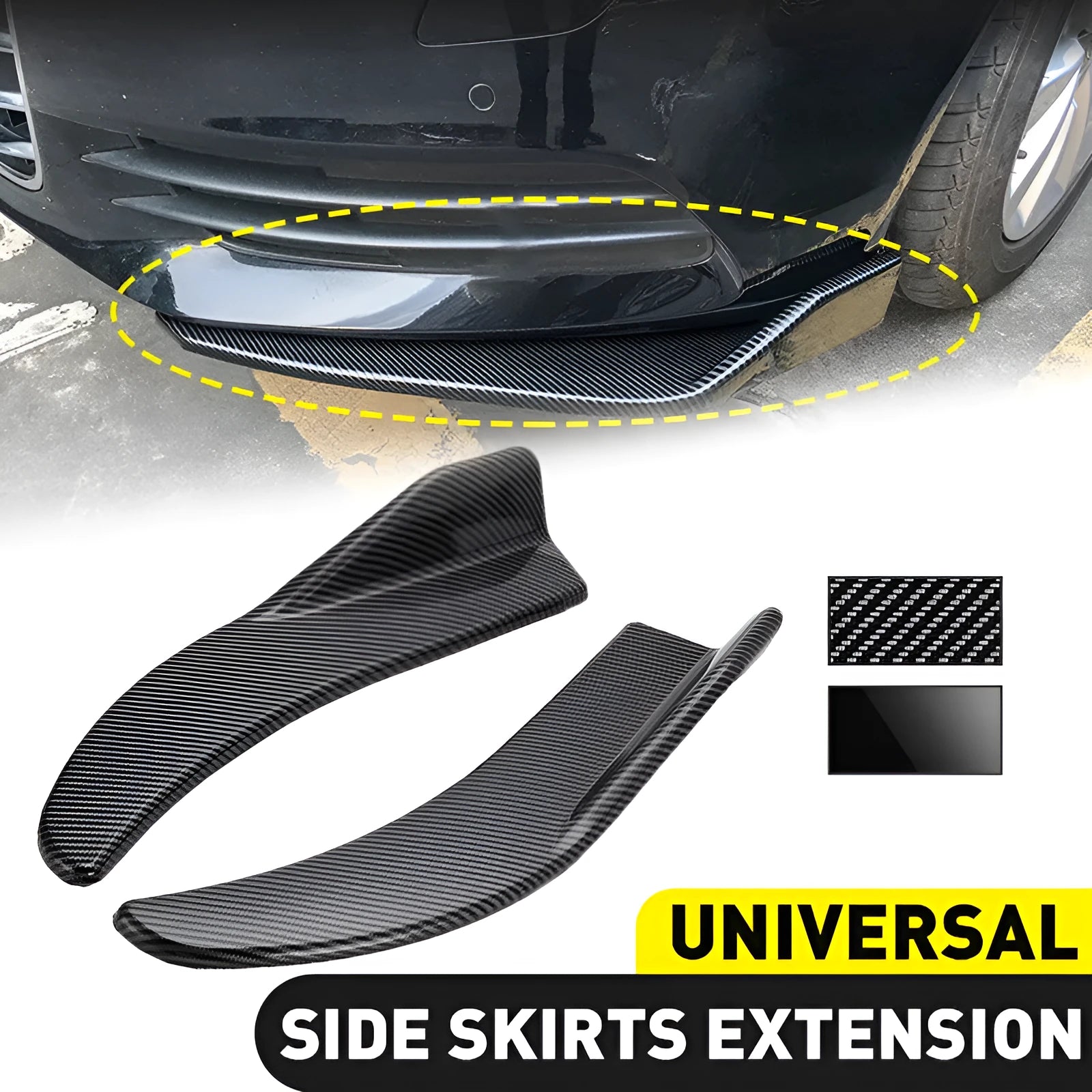 Front and rear car deflector kit for GM vehicles in black and carbon fibre finishes.