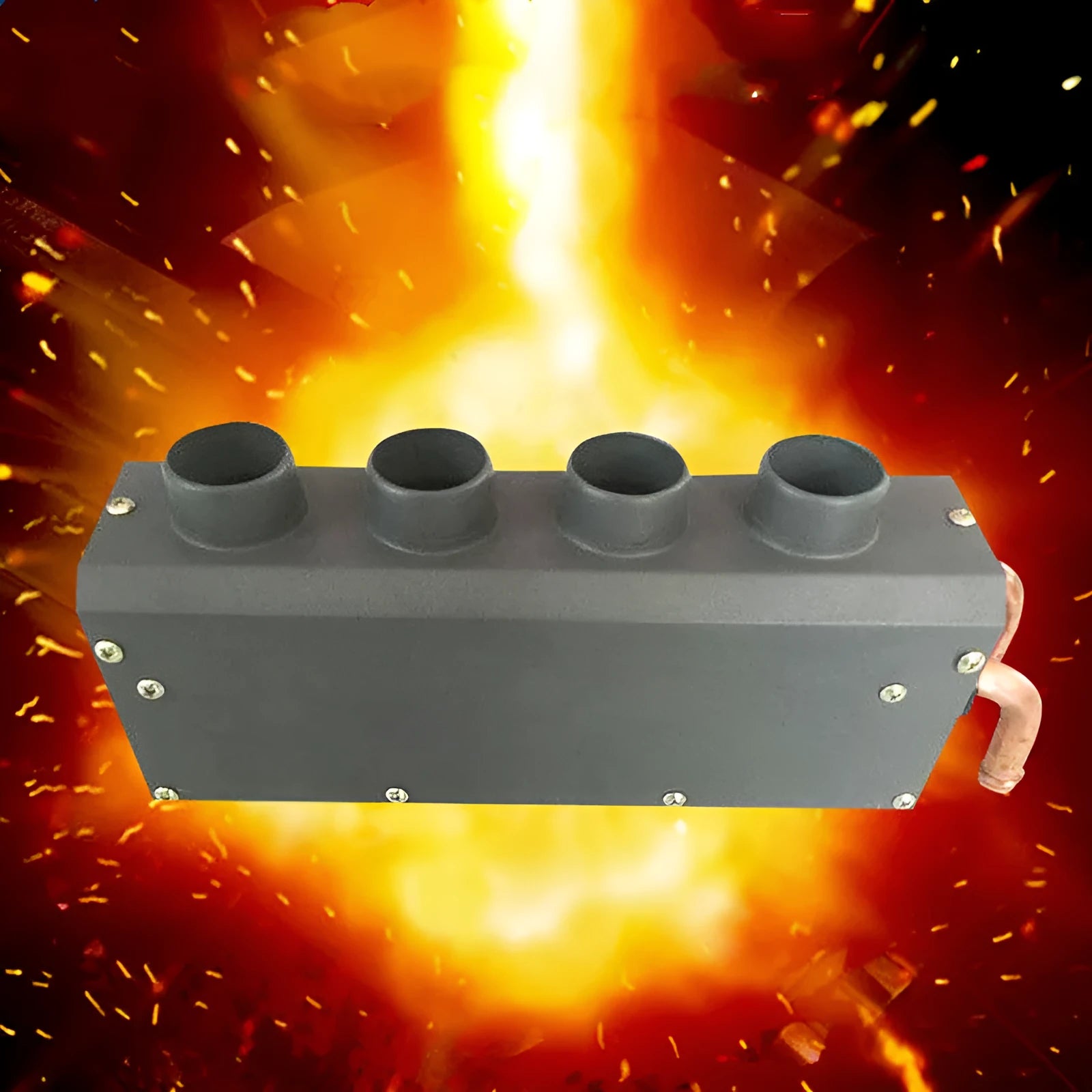 Compact metal car heater with copper pipe connections for 12V and 24V vehicle auxiliary heating