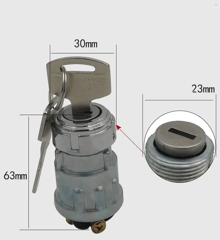 Copper vehicle ignition switch with key for trucks and forklifts.