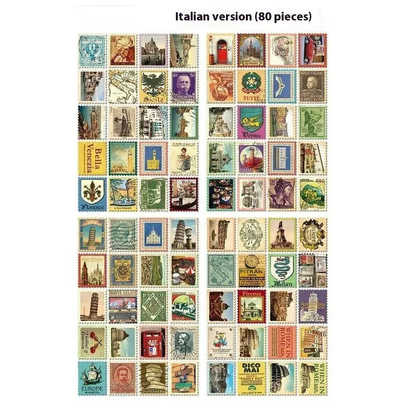 Hand painted stamp stickers set of 80 with Paris, London, Italy city themes for journal decoration