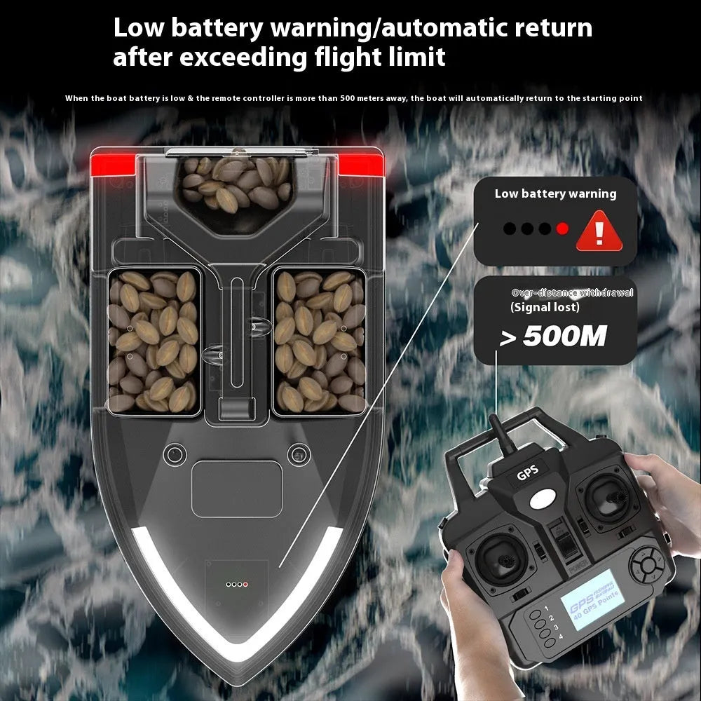 Black GPS remote control fishing boat with antenna on a calm lake