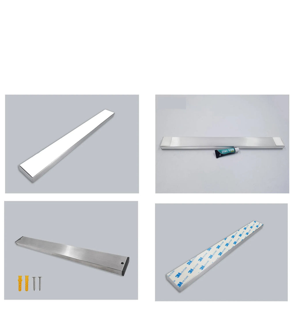 Stainless steel wall-mounted magnetic knife storage rack in various lengths on a kitchen wall.