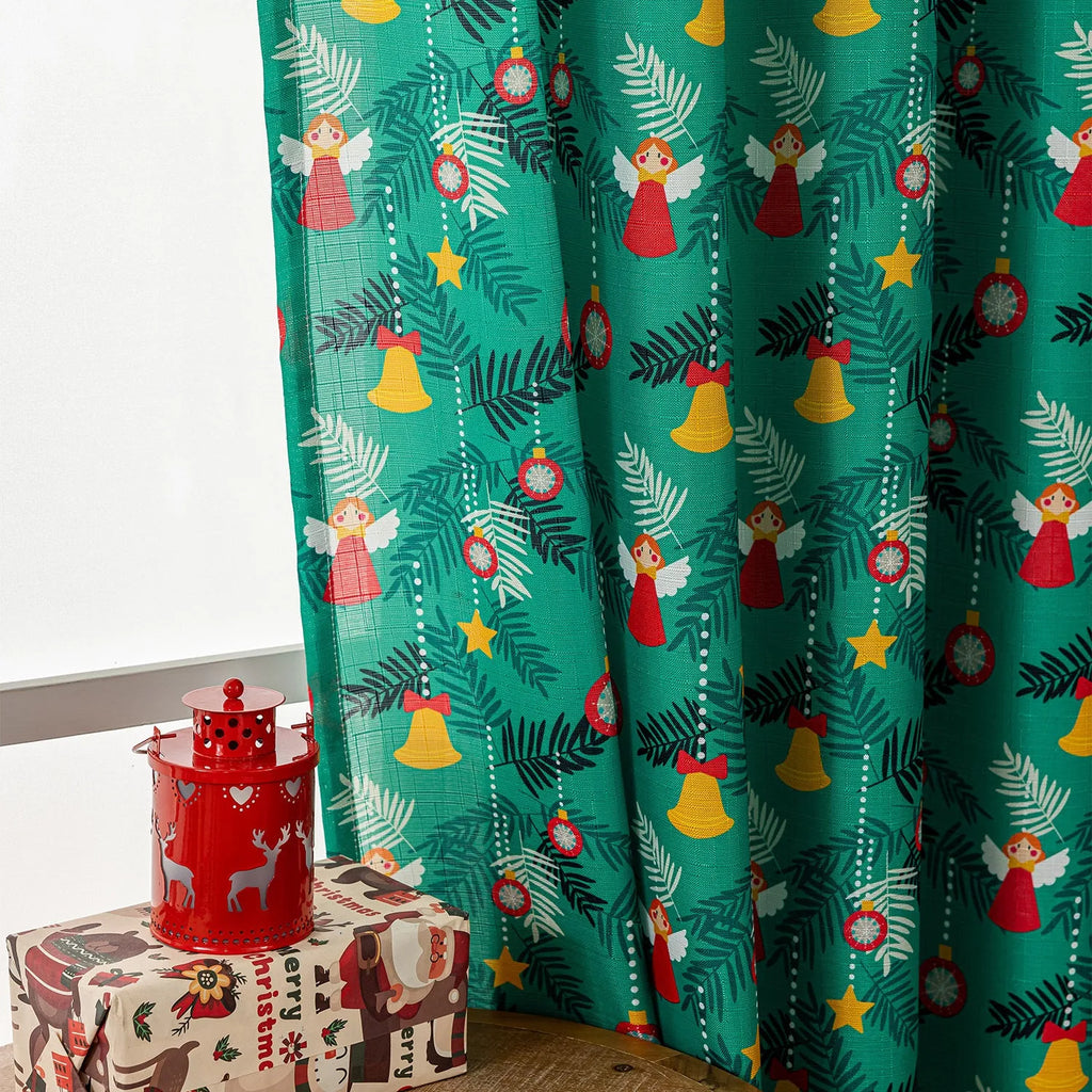 Green Christmas curtain with printed cartoon snowmen and angels, American style.