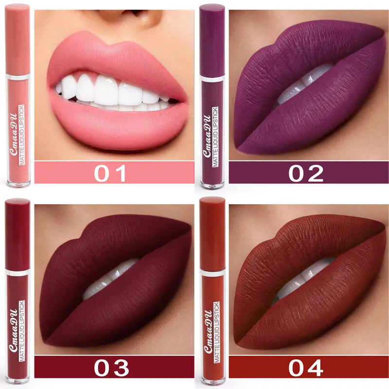 Set of 10 women's matte lipsticks in assorted colours with waterproof and non-stick cup features.
