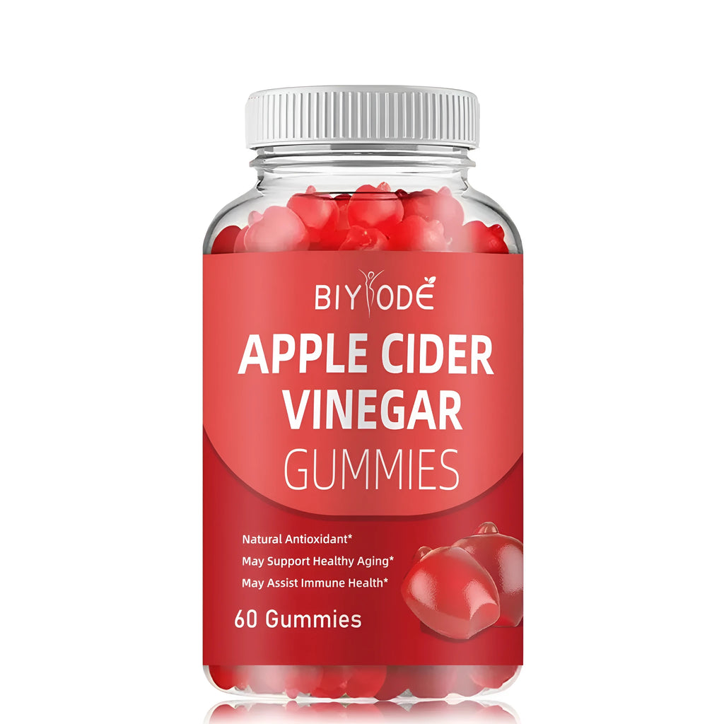 Bottle of Biyode apple cider vinegar gummies with 60 gummies per bottle, vegan and gluten-free