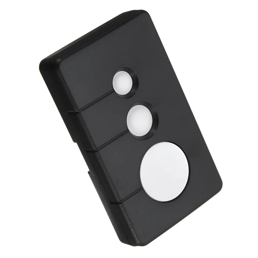 Black three-button LiftMaster garage door remote control with rolling code.