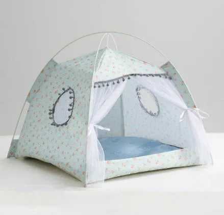 Enclosed cat tent pet bed in breathable waterproof cloth, available in S to XL and three colours