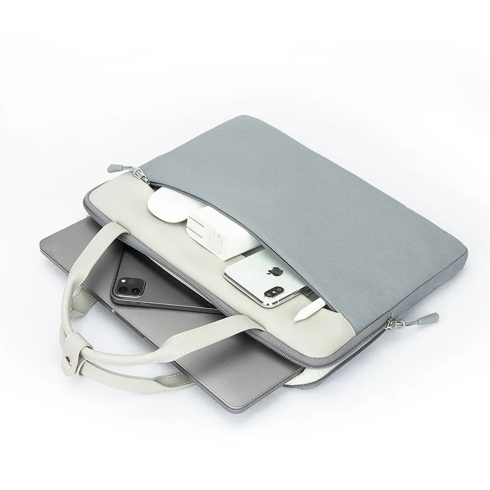 Waterproof polyester laptop sleeve 14.2 inch in light gray with soft handle and zipper pocket