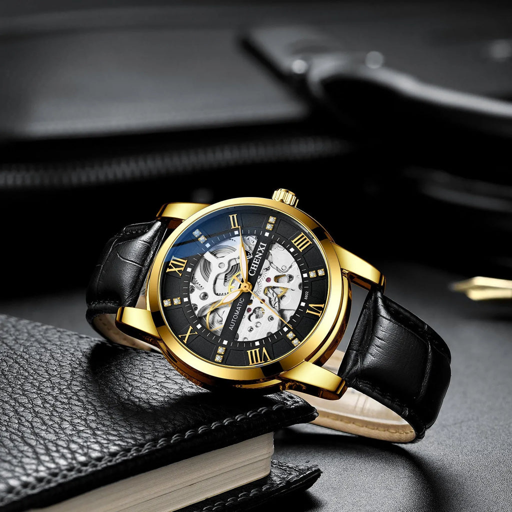 Hollow automatic mechanical watch for men with belt strap and metal shell, black surface, 13mm thickness