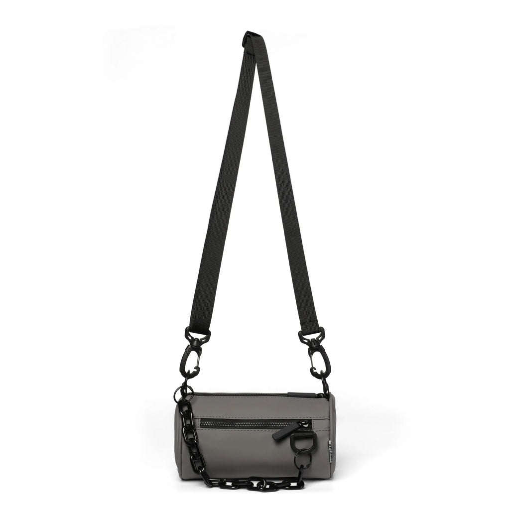 Black waterproof Oxford cloth messenger bag with a chain detail, shown as a crossbody bag.