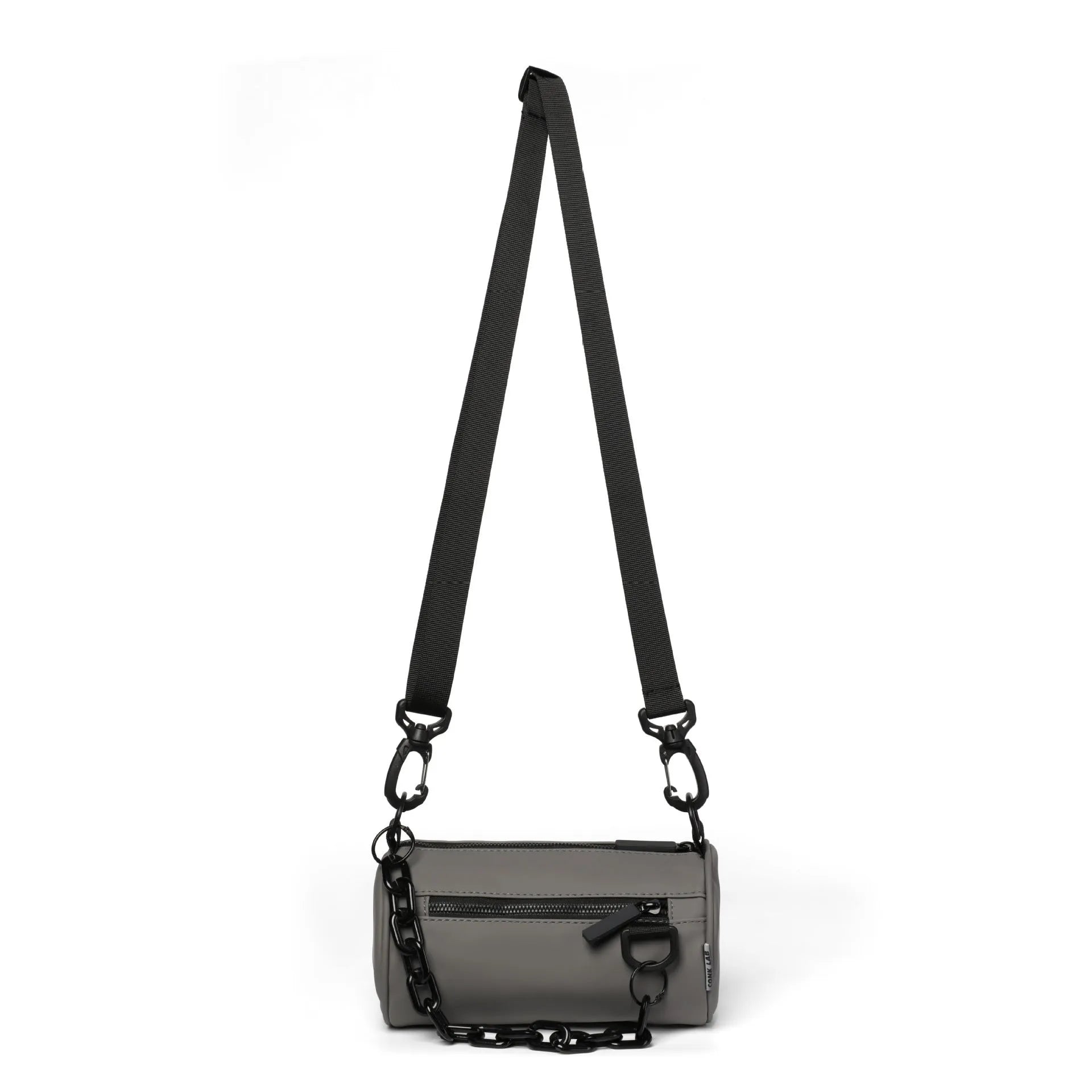 Black waterproof Oxford cloth messenger bag with a chain detail, shown as a crossbody bag.