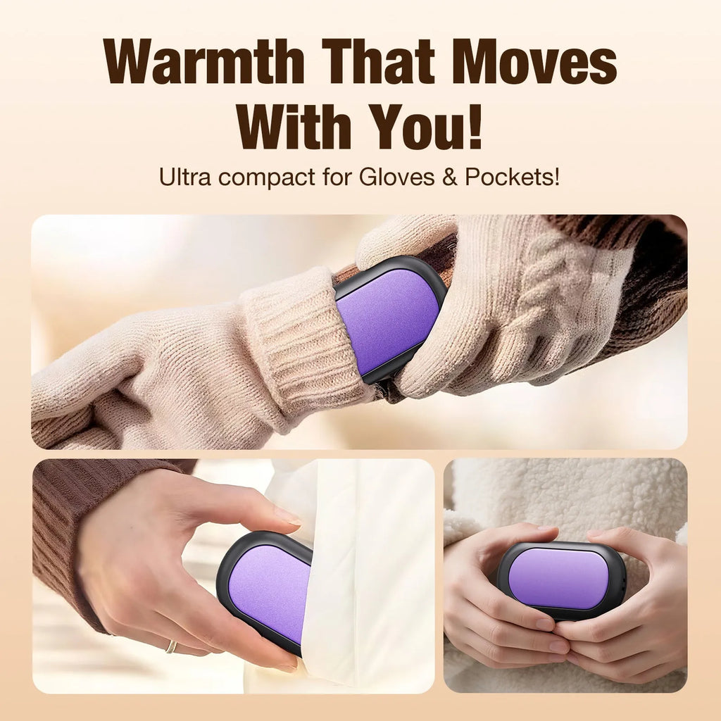 Magnetic split rechargeable mini USB heating pad in black, violet, royal blue, orange, beige, and pink