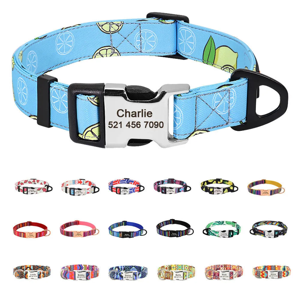 Nylon pet collar with mohair lining, personalised, available in black, blue, orange, rose, red, pink, green, white, and yellow.