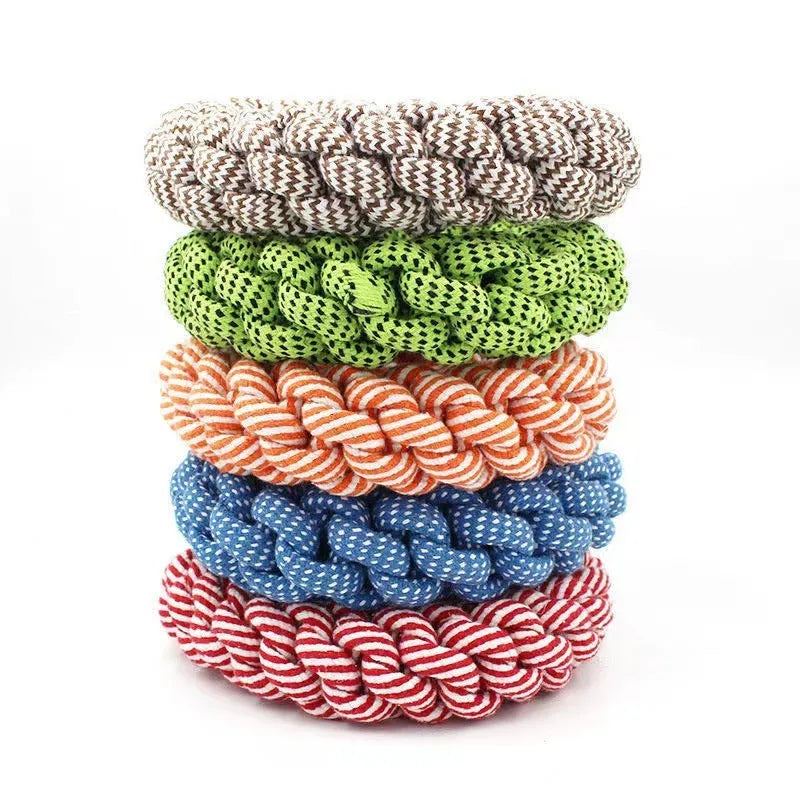 Cotton braided ring dog toy measuring approximately 18cm with knot construction