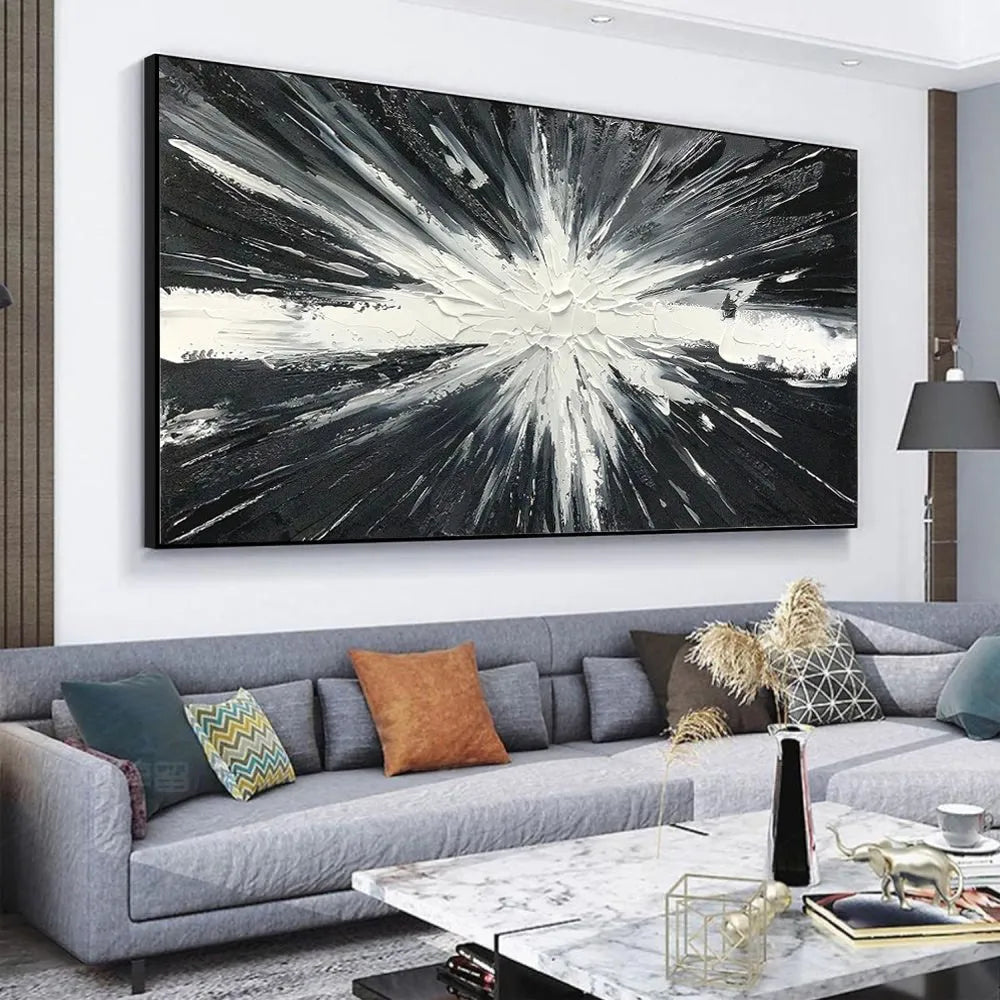 Handmade black and white abstract oil painting on canvas, horizontal orientation, modern living room wall art