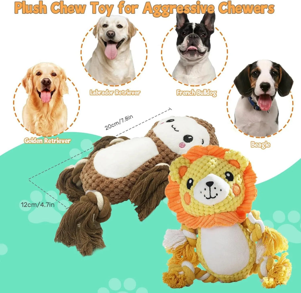Lion and monkey plush squeaky dog toys bundle for medium to large breeds