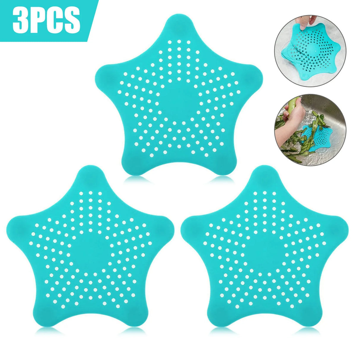Three silicone starfish-shaped sink drain filters in white blue and green with suction cups