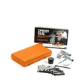 Emergency tyre repair tool set with spring steel insertion tool, reamer tool and pressure gauge in compact case
