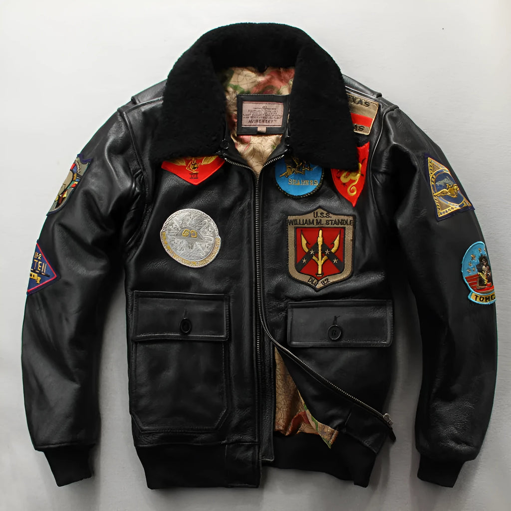 Men's embroidered cowhide leather motorcycle jacket, short zip front, brown or black, sizes S to XXXL
