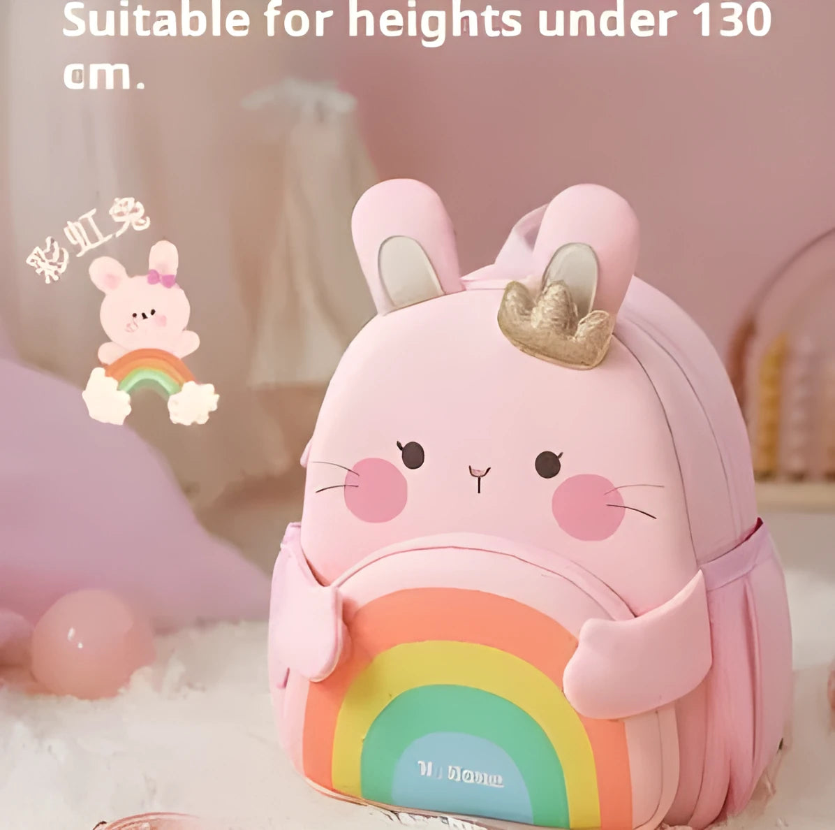 Girls' kindergarten backpack in rainbow bear pattern made from diving cloth with curved straps