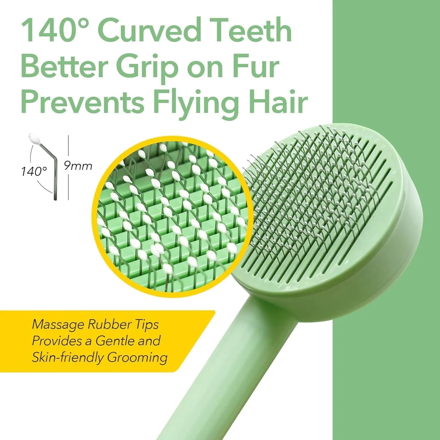 Green and yellow pet deshedding brush with stainless steel teeth and hanging loop