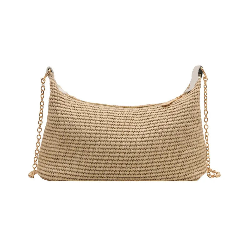 Straw woven beach shoulder tote bag in horizontal square shape with sandwich pocket design