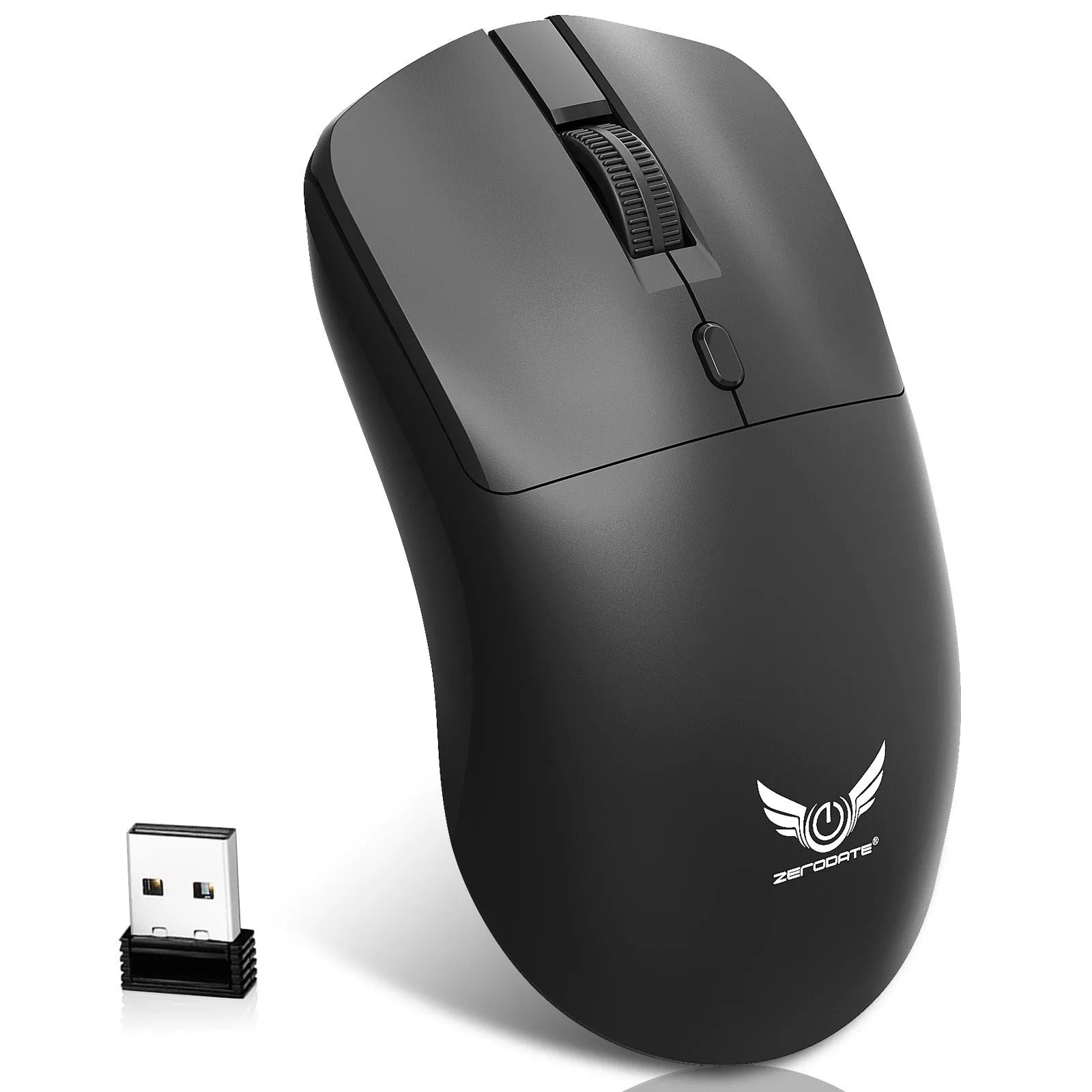 Black wireless computer mouse with three audio control buttons on side