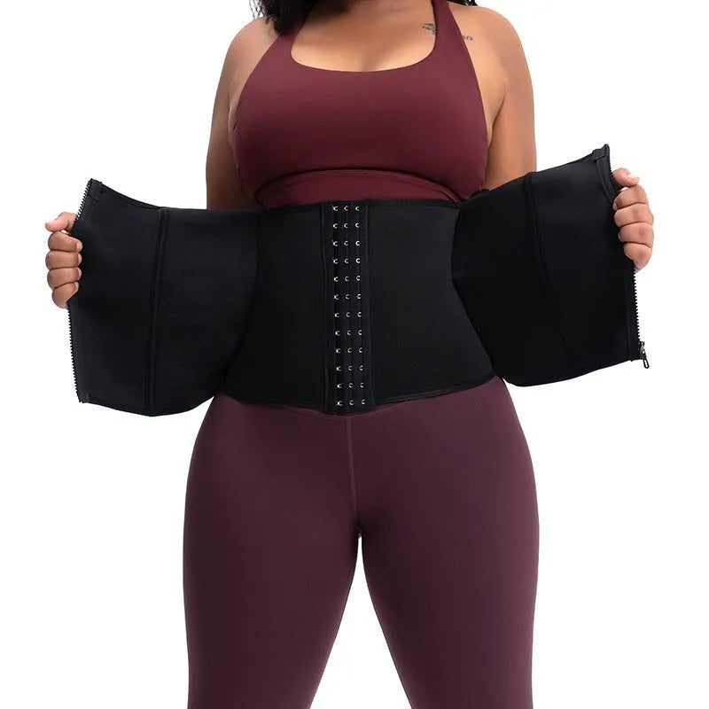 A black neoprene breasted belly band corset for women's abdominal shaping and support.