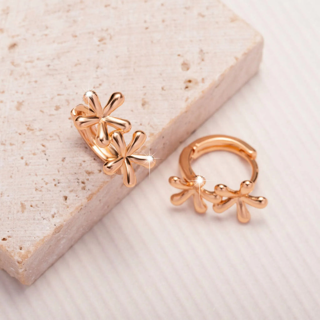 Rose gold circular earrings with waterdrop flower design using electroplating for women