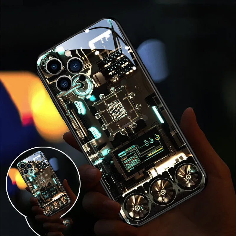 Xpress 14 tempered glass iPhone case with LED light-up diamond pattern on a dark background.