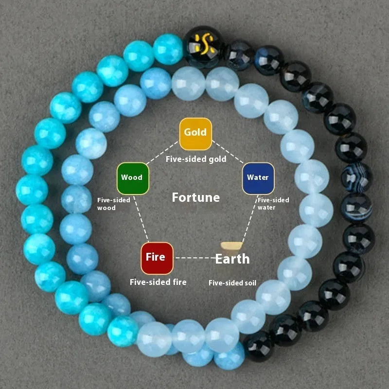 Double ring crystal bracelet with duobao beads in Five Elements colours, Chinese national style geometric design