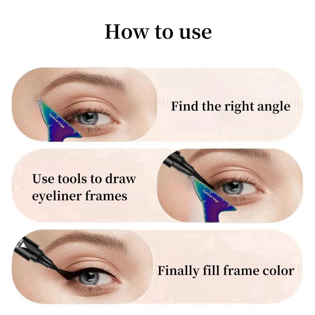 Pink and LaserFX coloured 3-in-1 reusable eyeliner stencil tool for hooded eyes on a clean surface.