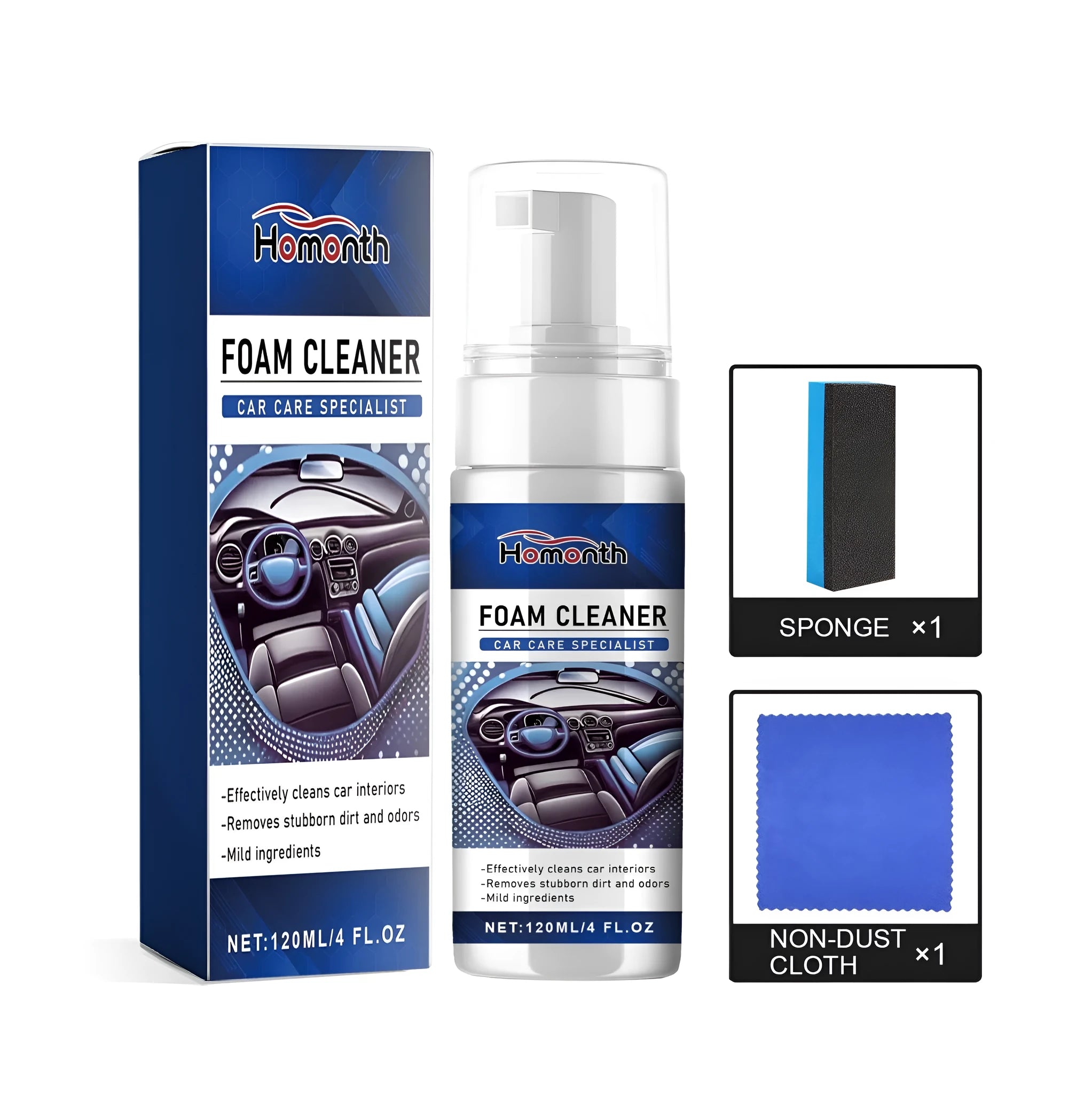 Car interior cleaner kit with PET spray bottle, microfibre cloth, and cleaning sponge