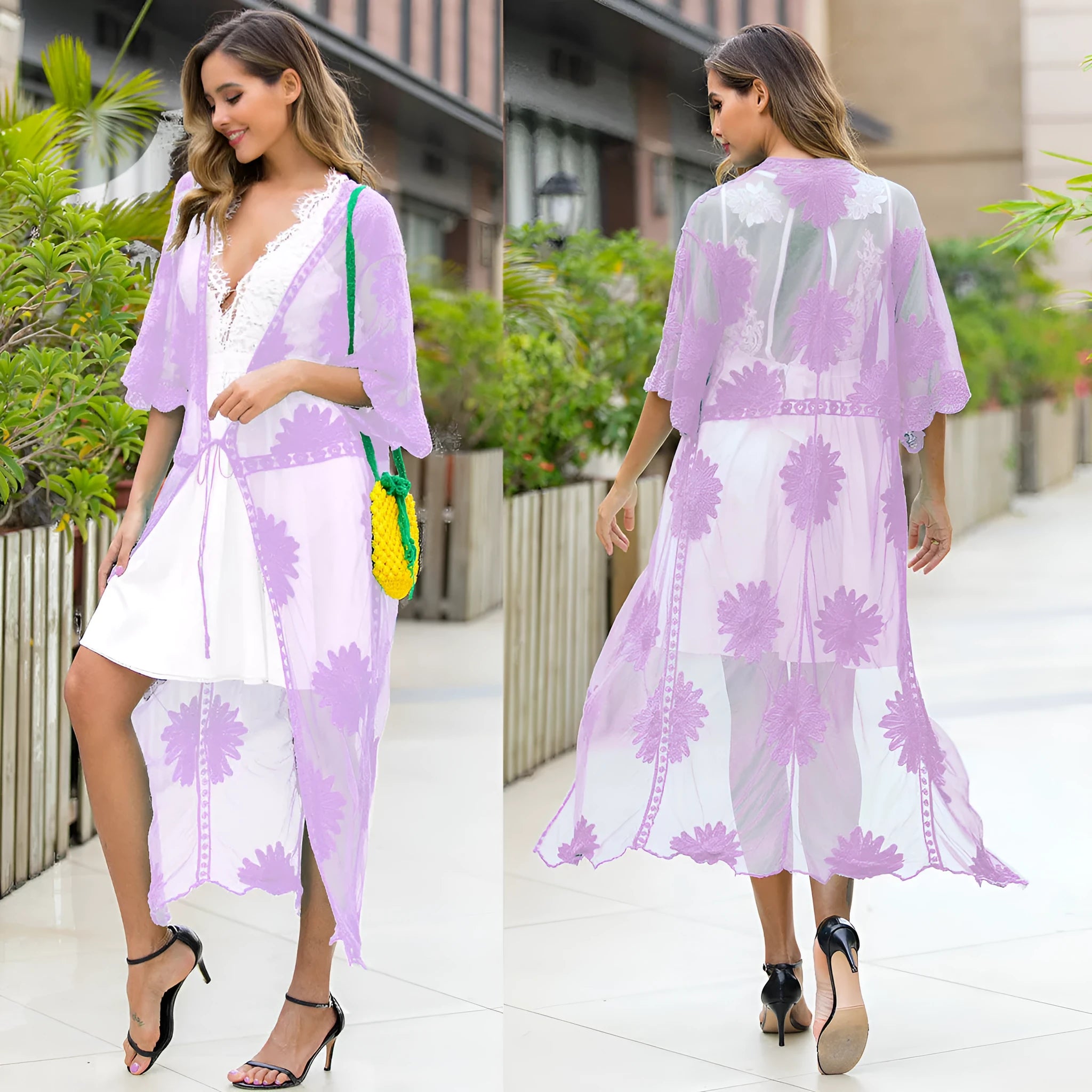 Light purple beach cover-up cardigan for women, free size, suitable for swimming and beachwear.