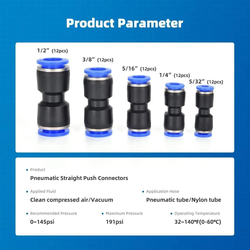 60-piece quick pneumatic push-in connector set with alloy plastic construction