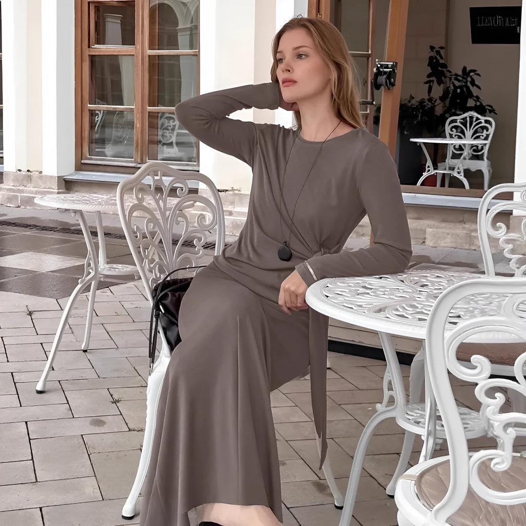 Women's two-piece dress set in khaki with retro crew neck and lace-up front, long sleeves and matching skirt