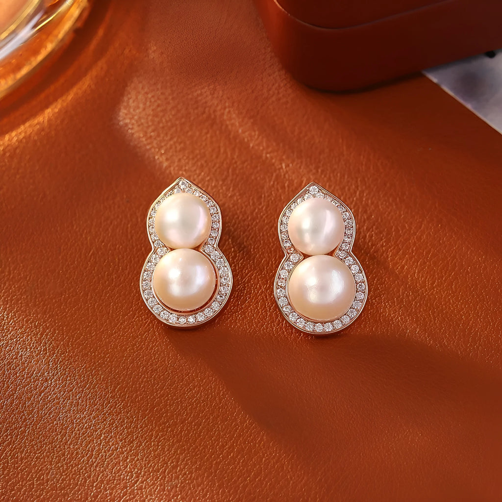 Copper stud earrings with freshwater pearl gourd leaf pendant in rose gold gold silver