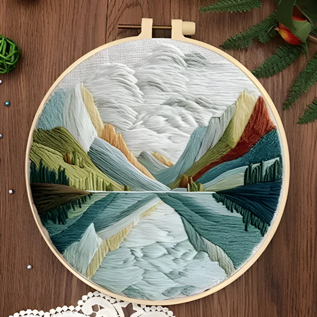 Embroidery DIY kit with bamboo frame, printed landscape fabric, embroidery thread and needles