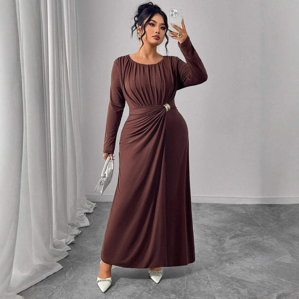 Women's printed high-waisted dress in coffee colour, made from polyester, available in sizes XL to 4XL