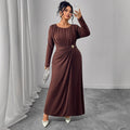 Women's printed high-waisted dress in coffee colour, made from polyester, available in sizes XL to 4XL