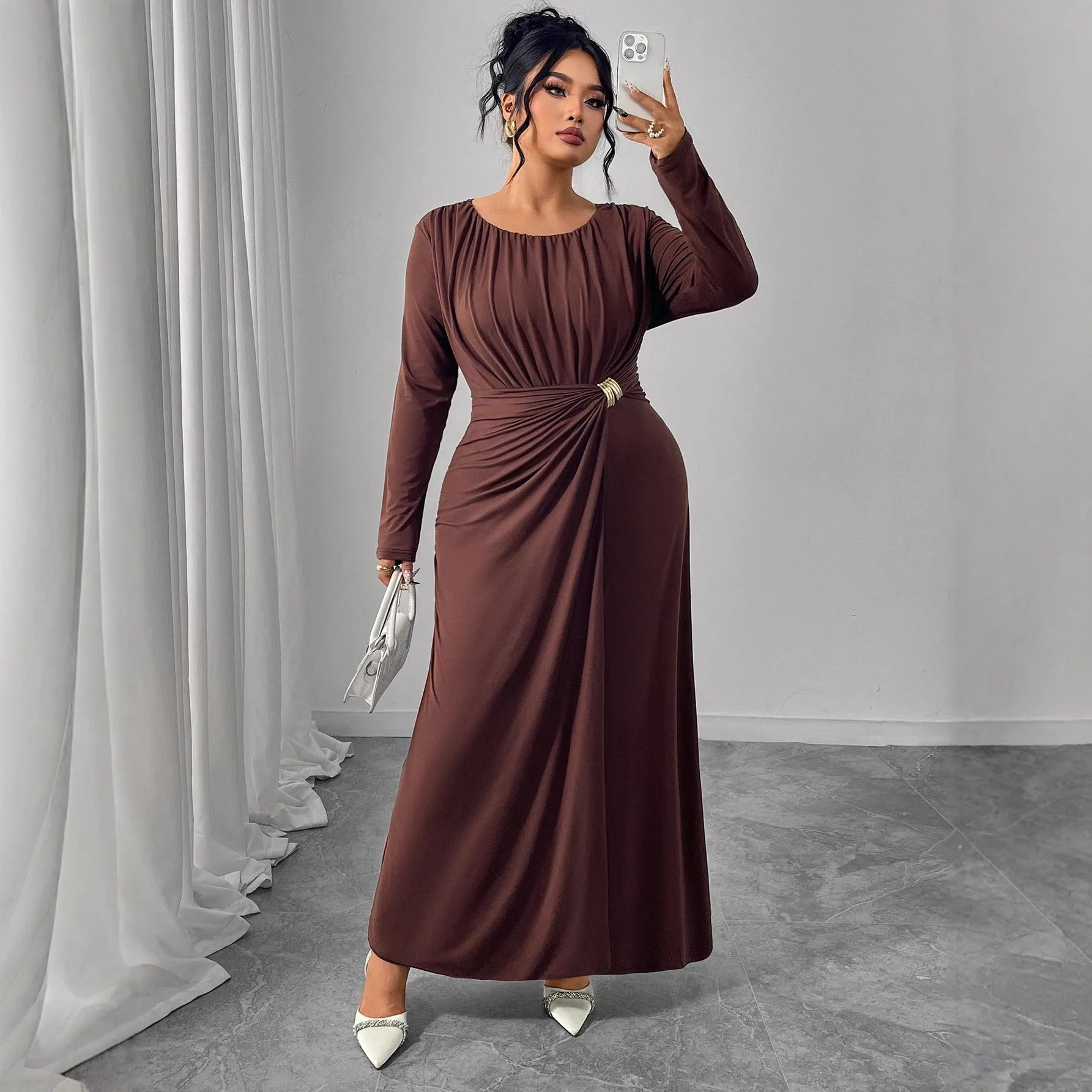 Women's printed high-waisted dress in coffee colour, made from polyester, available in sizes XL to 4XL