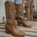 Embroidered square head knight boots for women in camel with mid heel and artificial PU upper