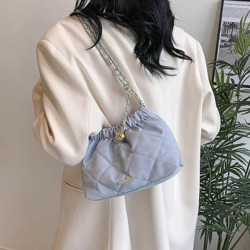 Fashion rhombus chain shoulder messenger bag in soft PU, horizontal square shape, single shoulder strap, available in black, blue, pink, white