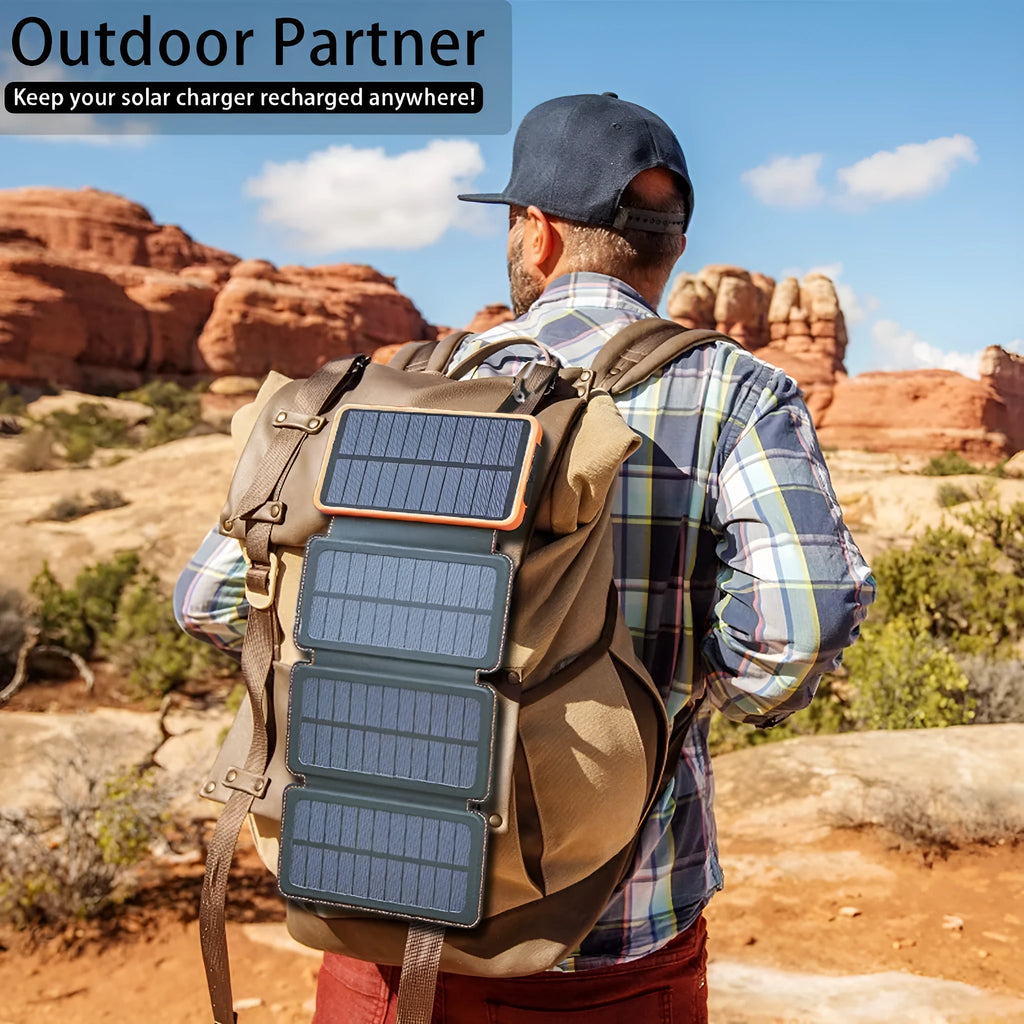 Outdoor solar power bank in multiple colours showing solar panel, USB ports, and LED light.